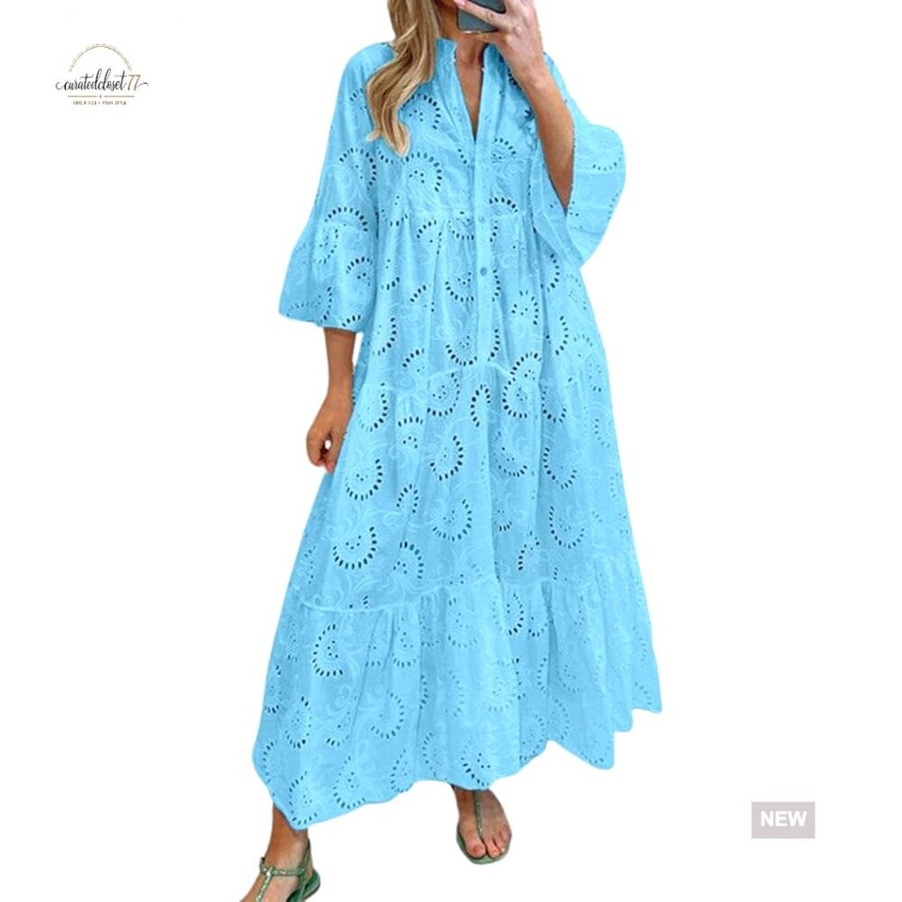 Lace Eyelet Maxi Dress V-Neck Trumpet Sleeve Boho Flowy Swing Dress